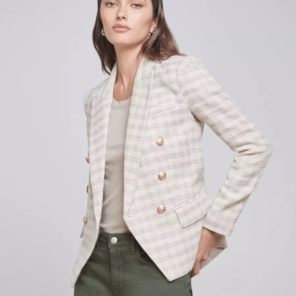 L’AGENCE Kenzie Double Breasted Blazer Shoulder Pads Ecru-Gold Check 16 NWT - Picture 4 of 13